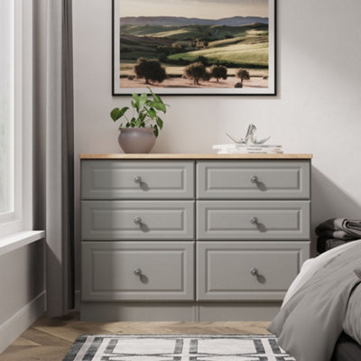 B&Q Savona Ready Assembled Dusk Grey Bardolino Oak Effect 6 Drawer Chest (H)792Mm (W)1098Mm (D)400Mm