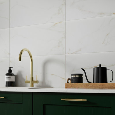 B&Q Beatrice White & Gold Matt Marble Effect Ceramic Indoor Wall Tile, Pack Of 8, (L)600Mm (W)300Mm
