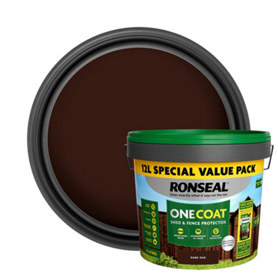 Ronseal One Coat Dark Oak Matt Exterior Shed & Fence Protector Wood Paint, 12L Tub