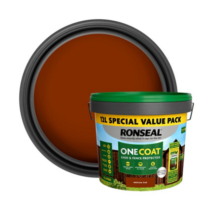 Ronseal One Coat Medium Oak Matt Exterior Shed & Fence Protector Wood Paint, 12L Tub
