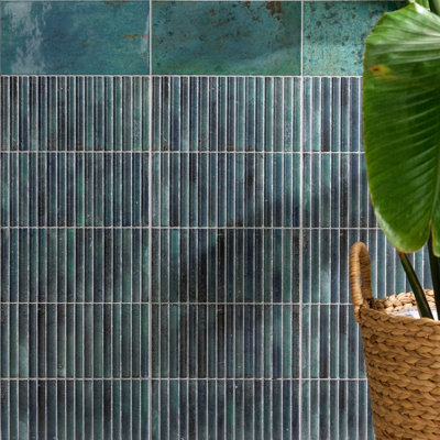 Ca’pietra Digbeth Emerald Green & Blue Gloss Furrow Metallic Effect Embossed Ceramic Indoor Wall Tile, Pack Of 20, (L)300Mm (W)150Mm