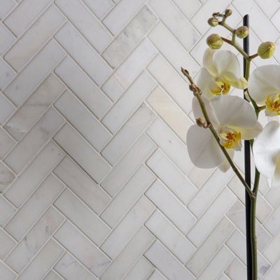Ca’pietra Athena White Satin Herringbone Marble Indoor Wall & Floor & Wall Tile, (L)283Mm (W)281Mm