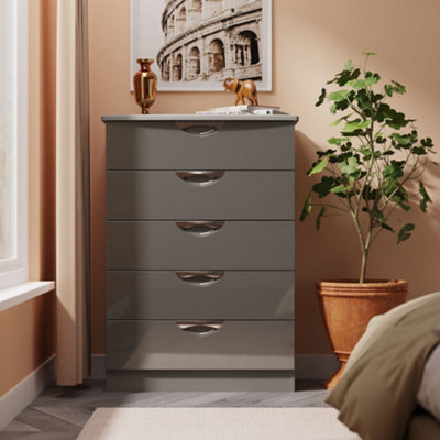 B&Q Rovigo Ready Assembled Gloss Dusk Grey 5 Drawer Chest (H)1074Mm (W)765Mm (D)415Mm