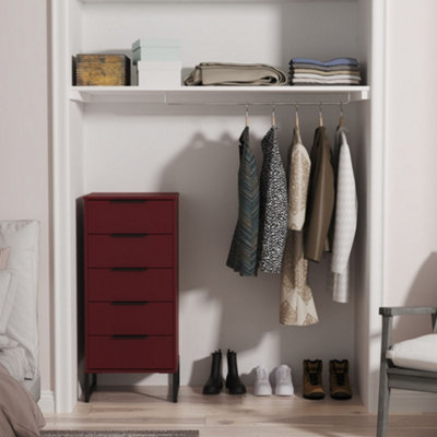 B&Q Marsala Ready Assembled Matt Red 5 Drawer Bedside Chest (H)1008Mm (W)450Mm (D)395Mm