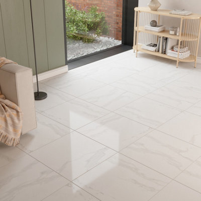 Goodhome Ultimate White Gloss Marble Effect Porcelain Indoor Floor Tile, Pack Of 3, (L)595Mm (W)595Mm