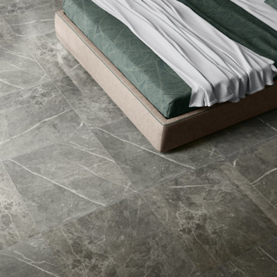 Goodhome Ultimate Grey Gloss Marble Effect Porcelain Indoor Wall & Floor Tile, Pack Of 3, (L)595Mm (W)595Mm
