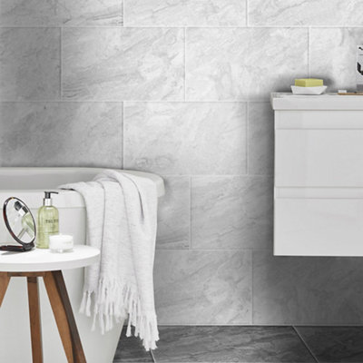 B&Q Haver Light Grey Matt Travertine Effect Ceramic Indoor Wall & Floor Tile, Pack Of 6, (L)600Mm (W)300Mm