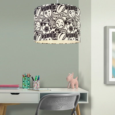 B&Q Printed Black & White Smiley Face Doodle Cylinder Lamp Shade (D)30Cm