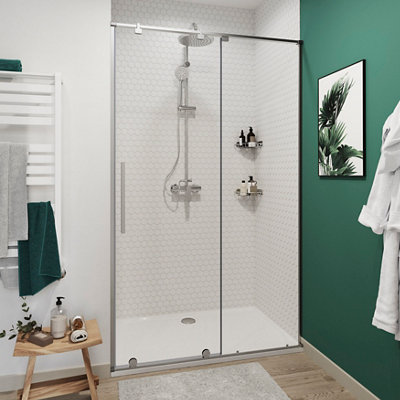 Goodhome Ezili Minimal Frame Silver Effect Clear Sliding Shower Door (H)195Cm (W)98Cm