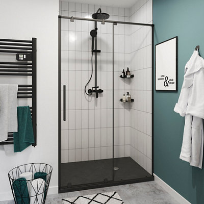 Goodhome Ezili Minimal Frame Black Clear Sliding Shower Door (H)195Cm (W)98Cm