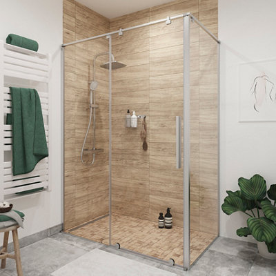Goodhome Ezili Minimal Frame Silver Effect Clear Sliding Shower Door (H)195Cm (W)138Cm