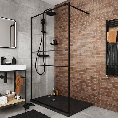Goodhome Ahti Matt Black Textured Minimal Frame Walk-In Wet Room Glass Screen Printed With Aluminium Grid (H)195Cm (W)120Cm