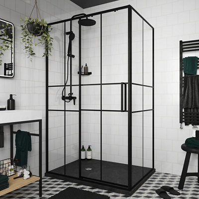 Goodhome Ahti Minimal Frame Black Clear Printed Glass With Aluminium Grid Sliding Shower Door (H)195Cm (W)120Cm