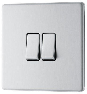 Goodhome Fbs42 20A 2 Way 2 Gang Light Switch Screwless Satin Steel Effect