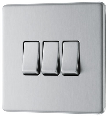 Goodhome Fbs43 20A 2 Way 3 Gang Light Switch Screwless Satin Steel Effect