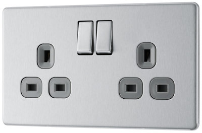Goodhome Brushed Steel Double 13A Socket & Grey Inserts