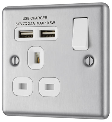 Goodhome Brushed Steel Single 13A Raised Rounded Switched Screwed Socket With Usb, X2 & White Inserts