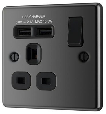 Goodhome Black Nickel Single 13A Raised Rounded Switched Screwed Socket With Usb, X2 & Black Inserts