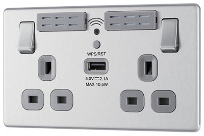 Goodhome Brushed Steel 13A Switched Double Screwless Wifi Extender Socket With Usb