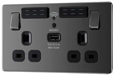 Goodhome Black Nickel 13A Switched Double Screwless Wifi Extender Socket With Usb