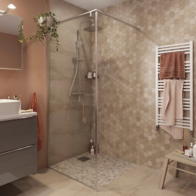 Goodhome Ezili Clear Toughened Safety Glass Minimal Frame Walk-In Wet Room Glass Screen (H)195Cm (W)89Cm