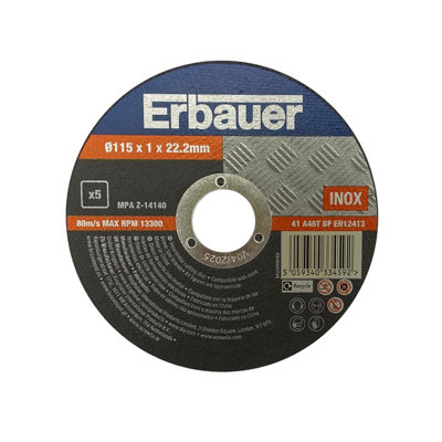 Erbauer T41 Cutting Disc 115Mm X 1Mm X 22.2Mm, Pack Of 5