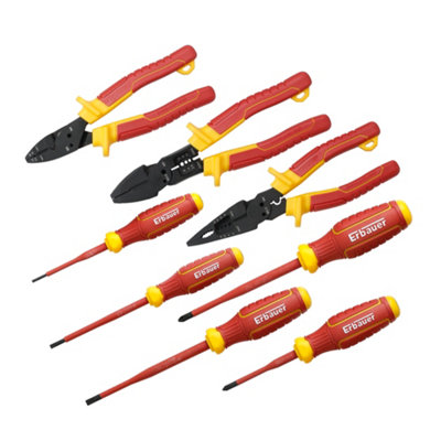 Erbauer 8 Piece Vde Screwdriver & Chrome Vanadium Steel Pliers Set E_scs3 Ergonomic Soft-Grip Grip