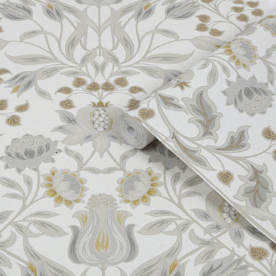 Goodhome Acuama Grey & Yellow Metallic Effect Ornamental Textured Wallpaper