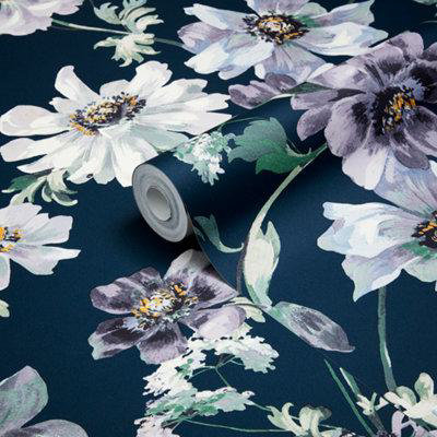 Goodhome Amazo Blue Floral Textured Wallpaper