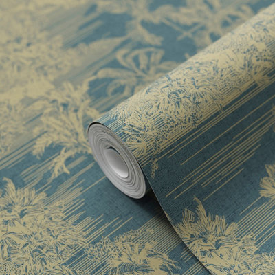 Goodhome Augie Blue Metallic Effect Nature Textured Wallpaper