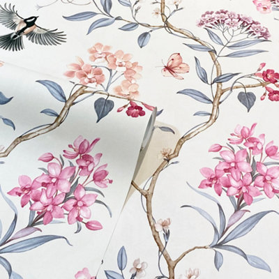 Goodhome Cidon Cream & Pink Floral Textured Wallpaper