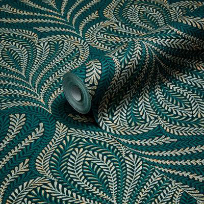 Goodhome Danbu Dark Teal Metallic Effect Ornamental Textured Wallpaper