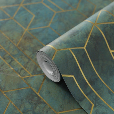 Goodhome Diap Teal Metallic Effect Geometric Textured Wallpaper