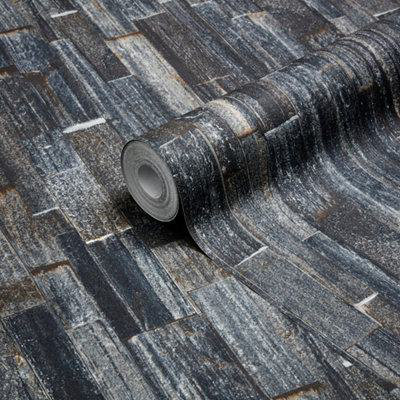Goodhome Gunes Charcoal Stone Effect Textured Wallpaper