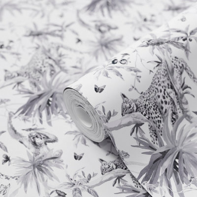Goodhome Howlit Black & White Jungle Textured Wallpaper