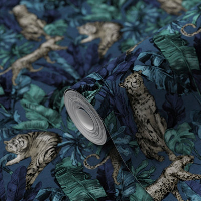 Goodhome Onax Teal Fabric Effect Jungle Textured Wallpaper