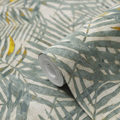 Goodhome Perod Beige & Teal Palm Leaves Textured Wallpaper