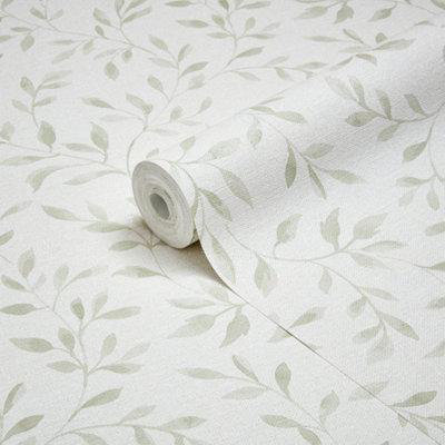 Goodhome Linton Sage Green Woven Effect Leaf Trail Textured Wallpaper