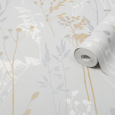 Goodhome Willot Grey Leaf Textured Wallpaper