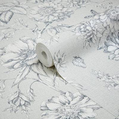 Goodhome Stanmer Beige Mica Effect Floral Textured Wallpaper