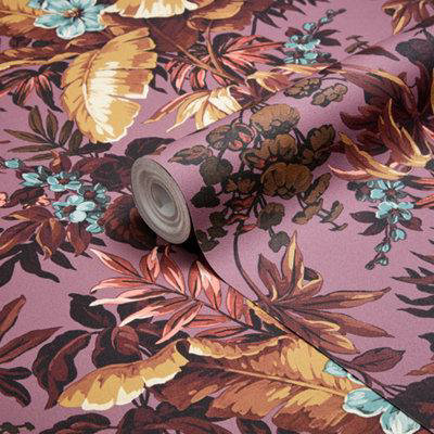 Goodhome Coleton Purple Floral Textured Wallpaper