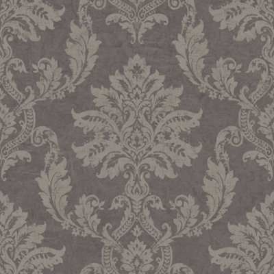 Goodhome Ormonde Charcoal Metallic Effect Damask Textured Wallpaper