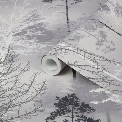Goodhome Kitley Black & Grey Metallic Effect Trees Smooth Wallpaper