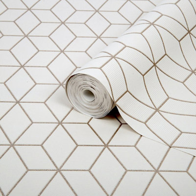 Goodhome Donnington Cream Metallic Effect Geometric Smooth Wallpaper