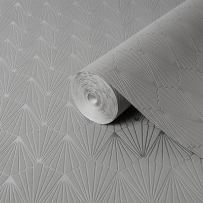 Goodhome Tiverton Grey Silver Effect Geometric Textured Wallpaper