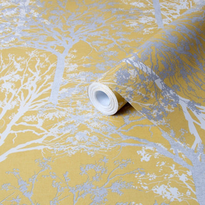 Goodhome Foxhill Yellow Metallic Effect Trees Smooth Wallpaper