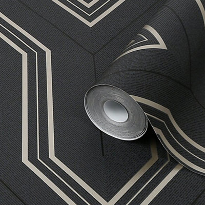 Goodhome Lisle Charcoal Metallic Effect Geometric Textured Wallpaper
