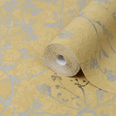 Goodhome Wavendon Yellow Silver Effect Sprig Textured Wallpaper