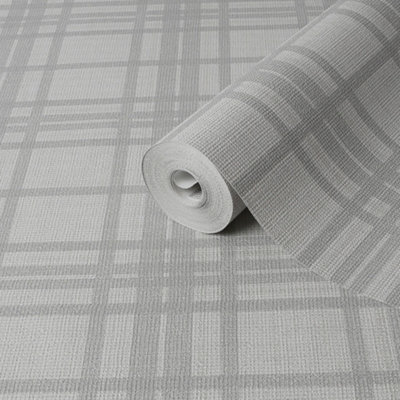 Goodhome Atherton Grey Metallic Effect Tartan Textured Wallpaper