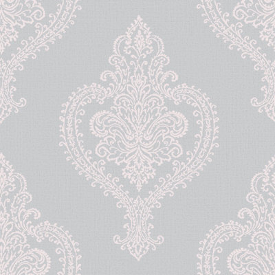 Goodhome Horsely Grey Mica Effect Damask Textured Wallpaper
